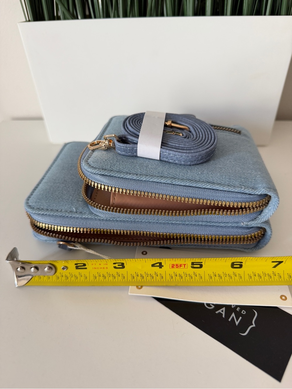 Le Miel Blue Crossbody Mini Bag Gold Zipper Multi Pocket Small Purse NEW - Picture 4 of 6